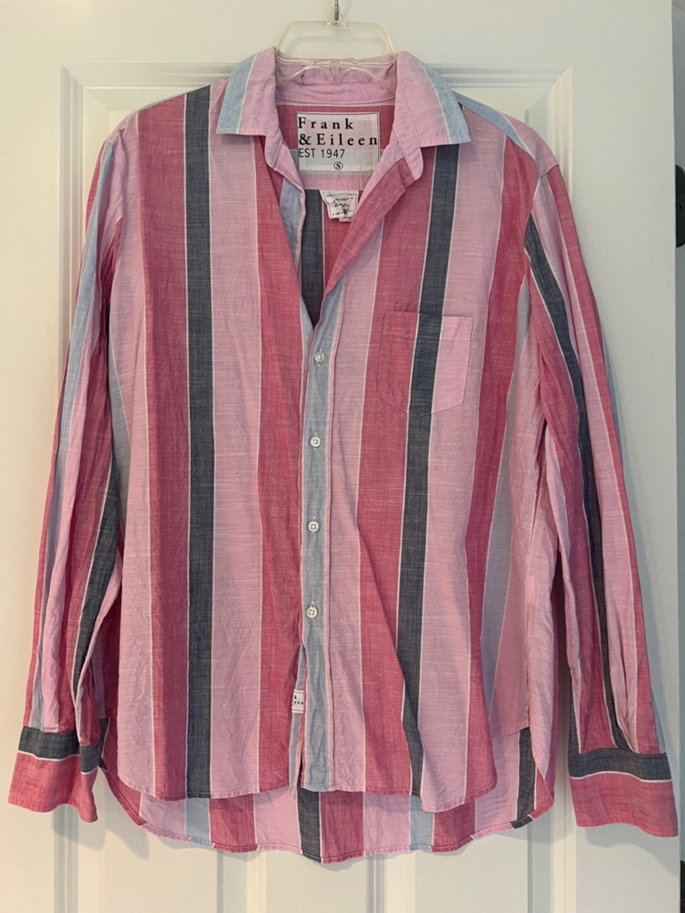 Frank & Eileen Women’s Multi-Pink and Blue Vertical Stripe Button-Down Shirt